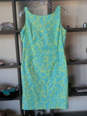 98% Cotton 2% Spandex Sigrid Olsen Aqua & Lime Floral Midi Sheath Dress
